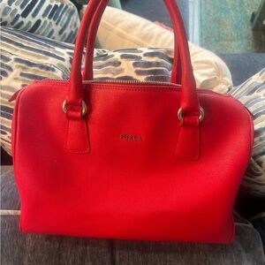 Furla Red Saffiano Satchel with Gold Hardware